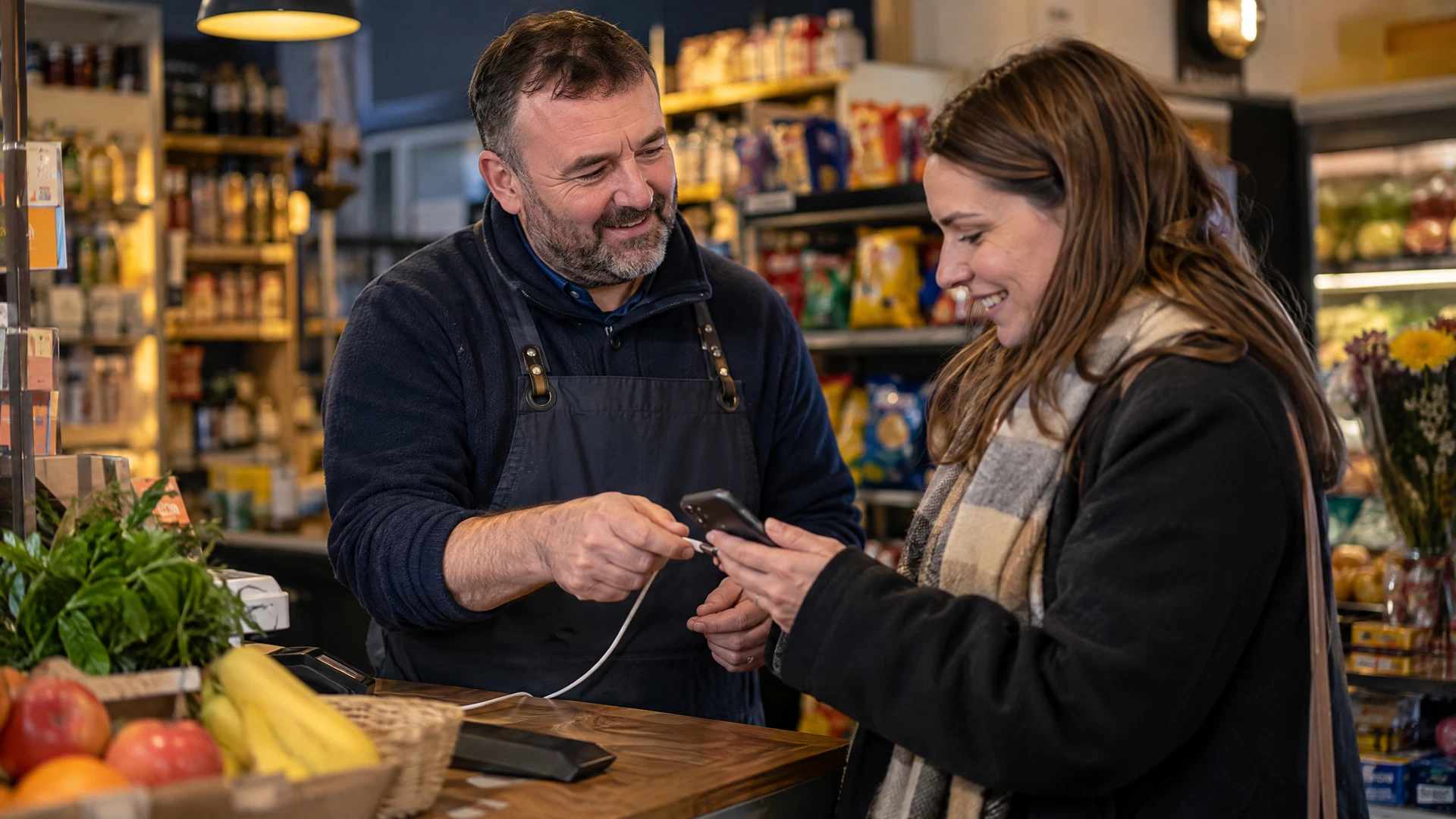 Shopkeeper helping a customer with a mobile phone in an independent convenience shop